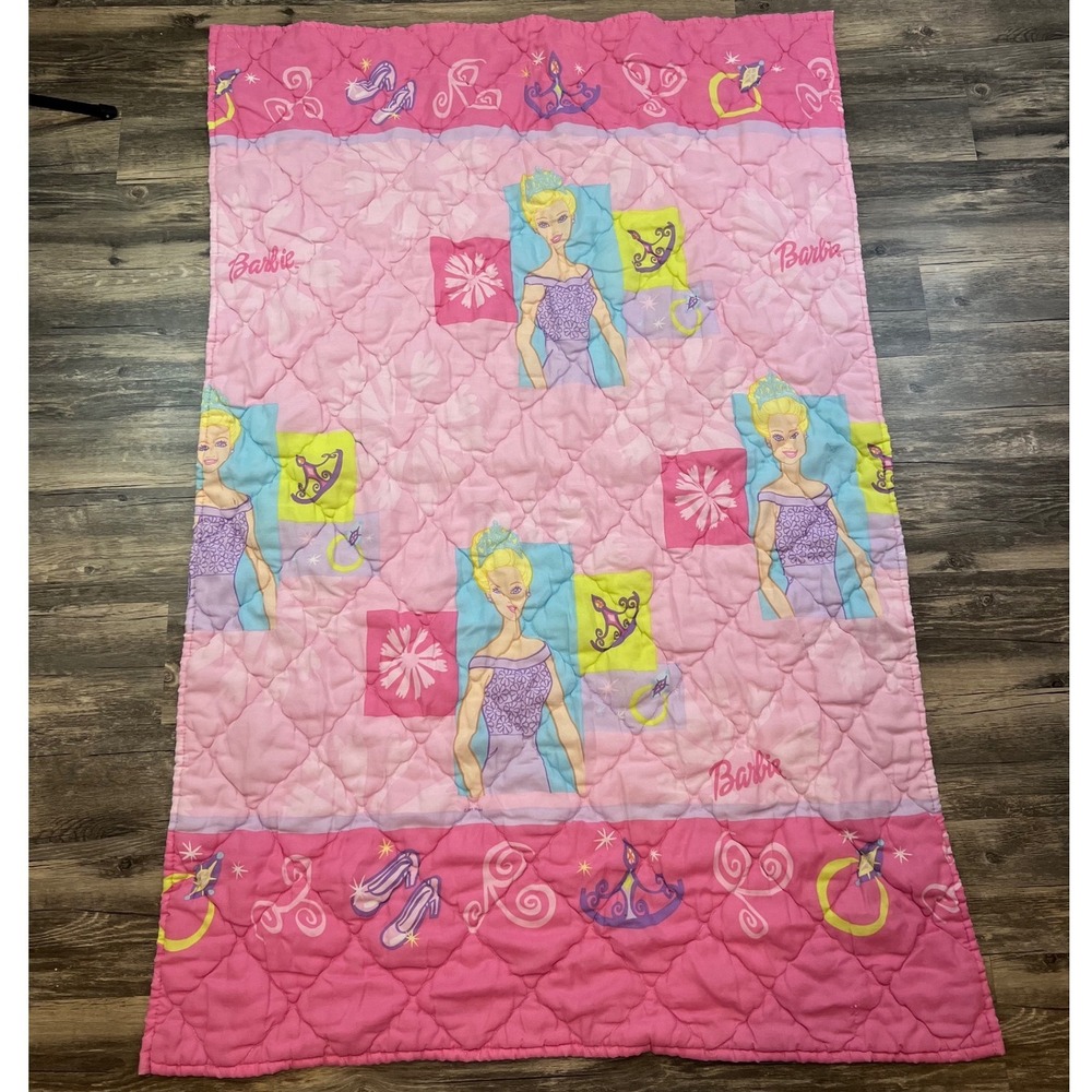 Vintage Barbie Princess Quilt Blanket Pink Crib Toddler 42x58 Y2K Dan River USA
